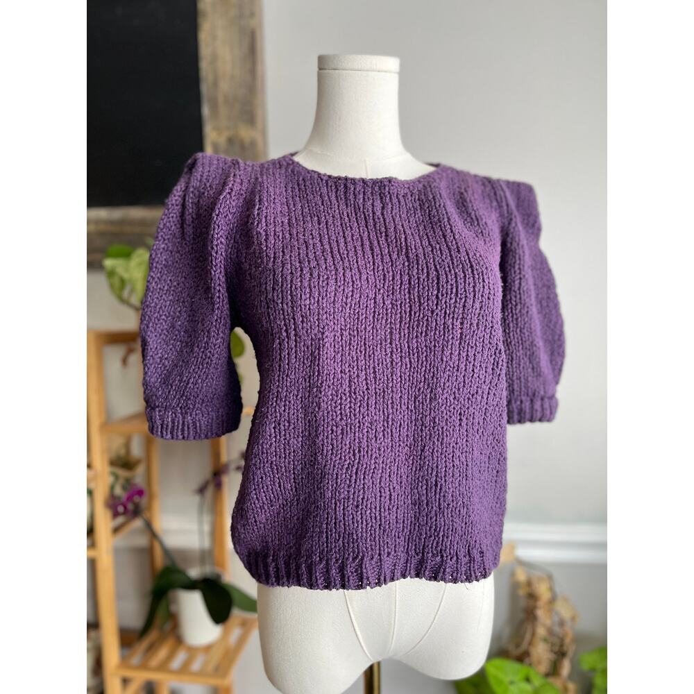 Vintage 90s Purple Sweater Blouse Short Sleeve Knit Cotton Linen Size Small